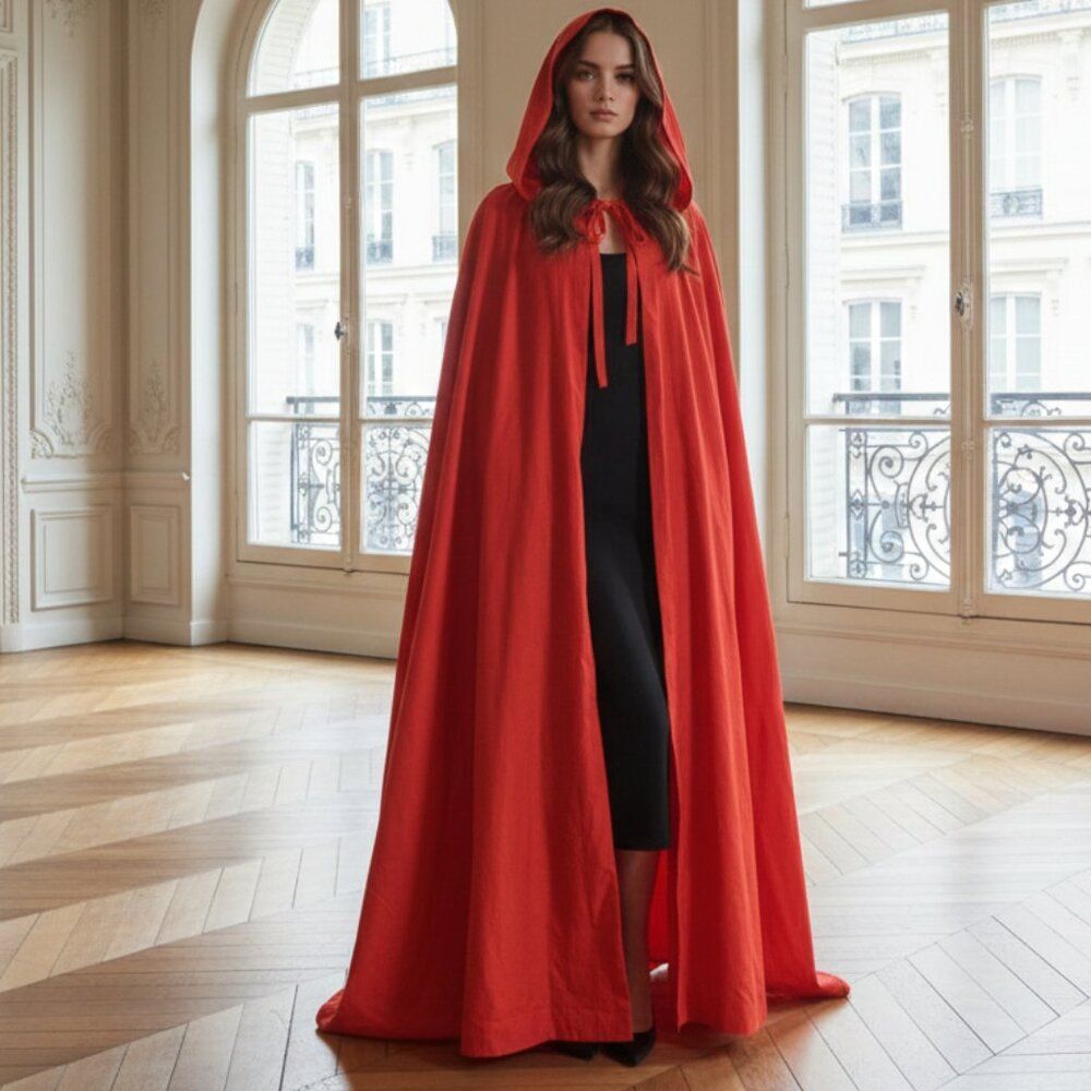 Handcrafted Red Hooded Cape Satin Ribbon Closure One Size Fits Most